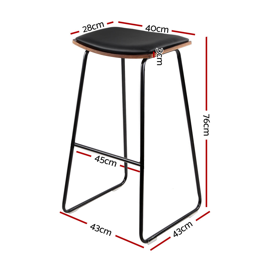 Artiss Set of 2 Backless PU Leather Bar Stools in black and wood, featuring a padded seat and sturdy metal frame.